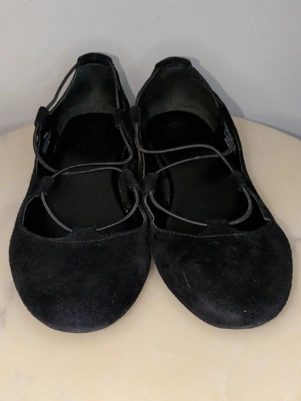 Ballet Flats - Black Suede - Stretchy No-Tie Lace Ups